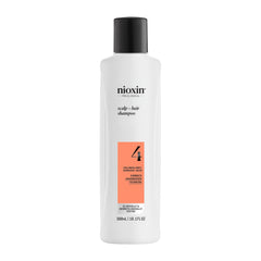 Nioxin System 4 bottle pour shows precise dosing for color-treated, progressed thinning hair.