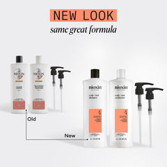 Nioxin System 4 conditioner bottle highlighting scalp conditioning and hair fullness.