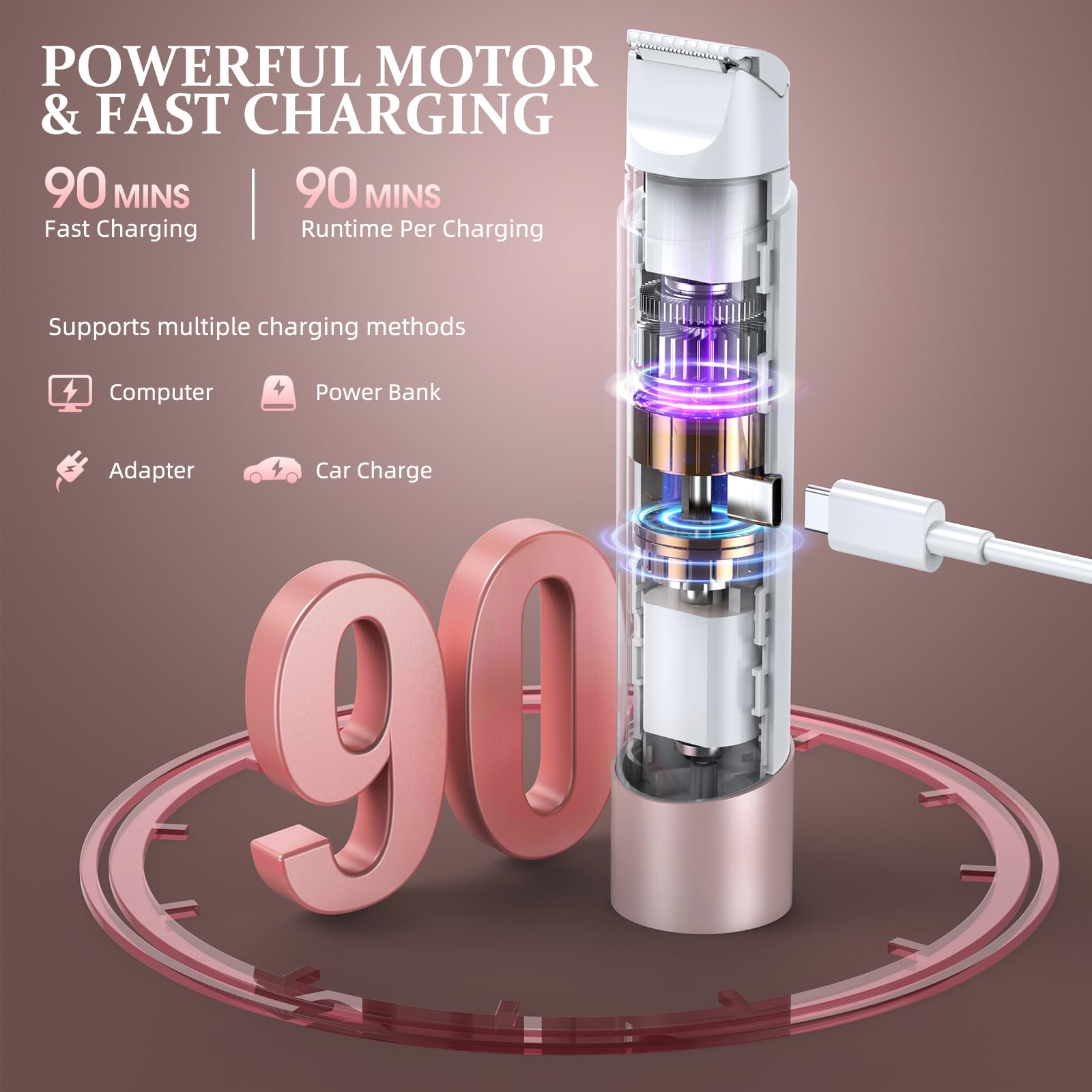 NIPOO rose gold trimmer charging with USB C for travel