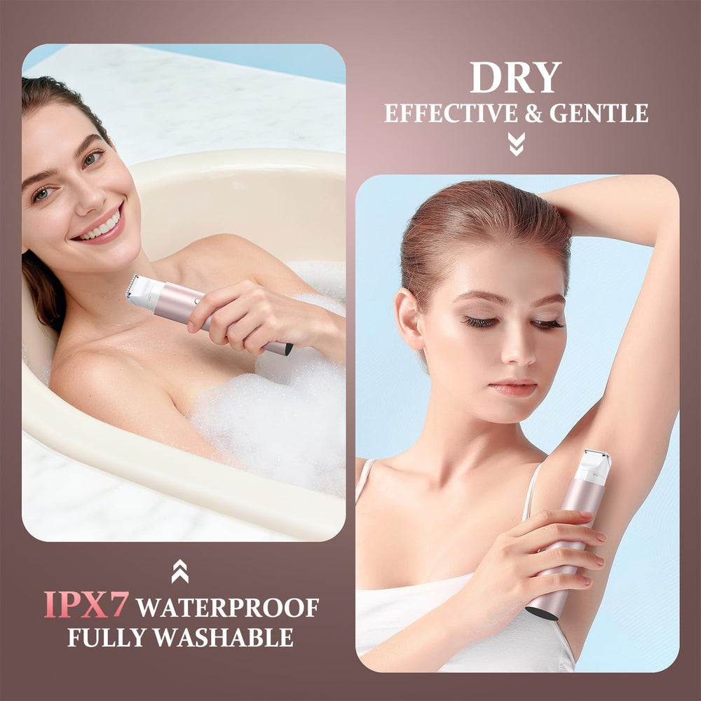 NIPOO waterproof bikini trimmer shown in shower use for easy cleaning