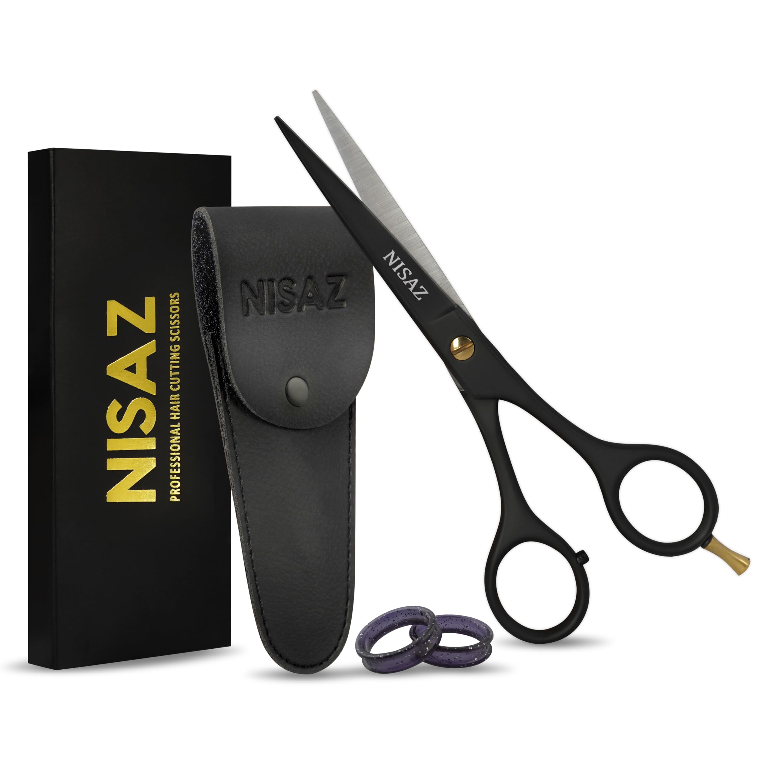 NISAZ 6.5-inch professional black hair scissors with leather pouch for organized grooming.