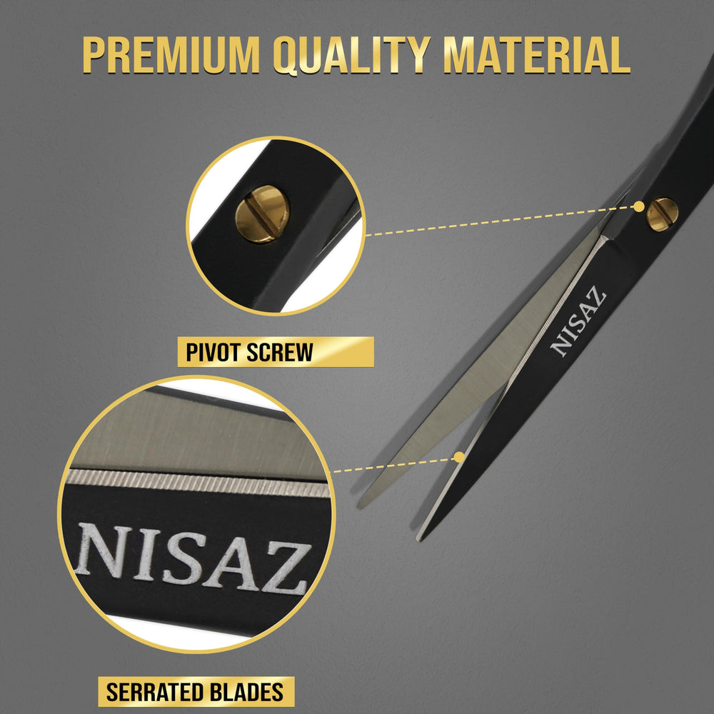 Close-up of razor-sharp blades delivering clean cuts with NISAZ scissors.