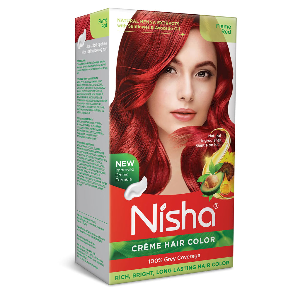 Nisha Creme Hair Color Flame Red box shows vibrant, long-lasting shade potential