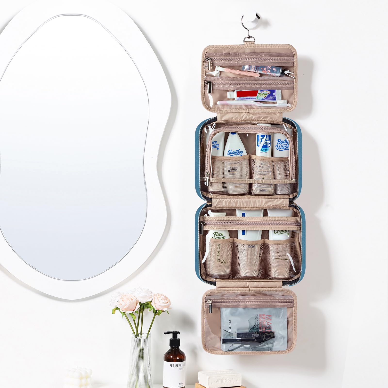 NISHEL hanging organizer unfolds to four compartments for easy packing.