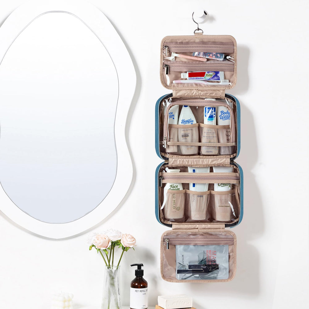 NISHEL hanging organizer unfolds to four compartments for easy packing.