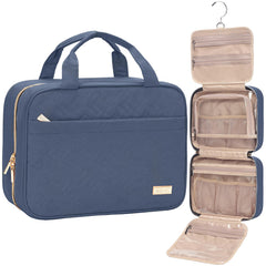 NISHEL travel toiletry bag in Aegean Blue hanging for easy access.