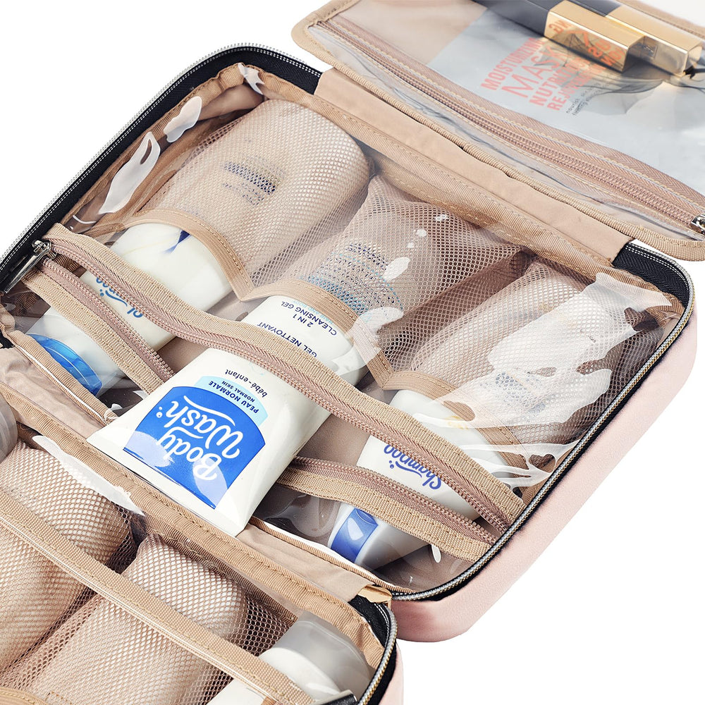 NISHEL travel toiletry bag compact-folded design minimizes bulk when packing in a suitcase.