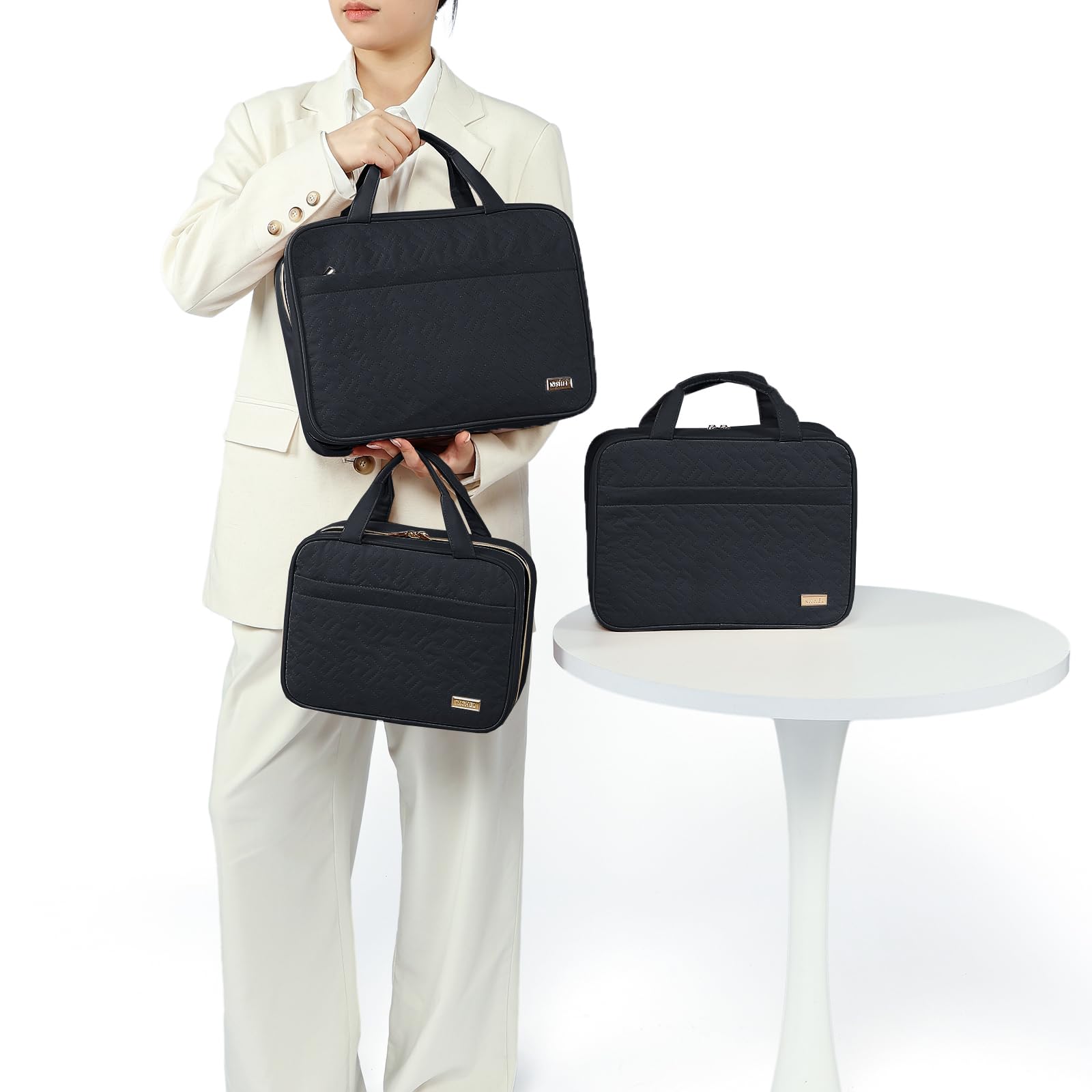 NISHEL travel toiletry bag elastic pockets keeping toiletries neatly organized during travel.