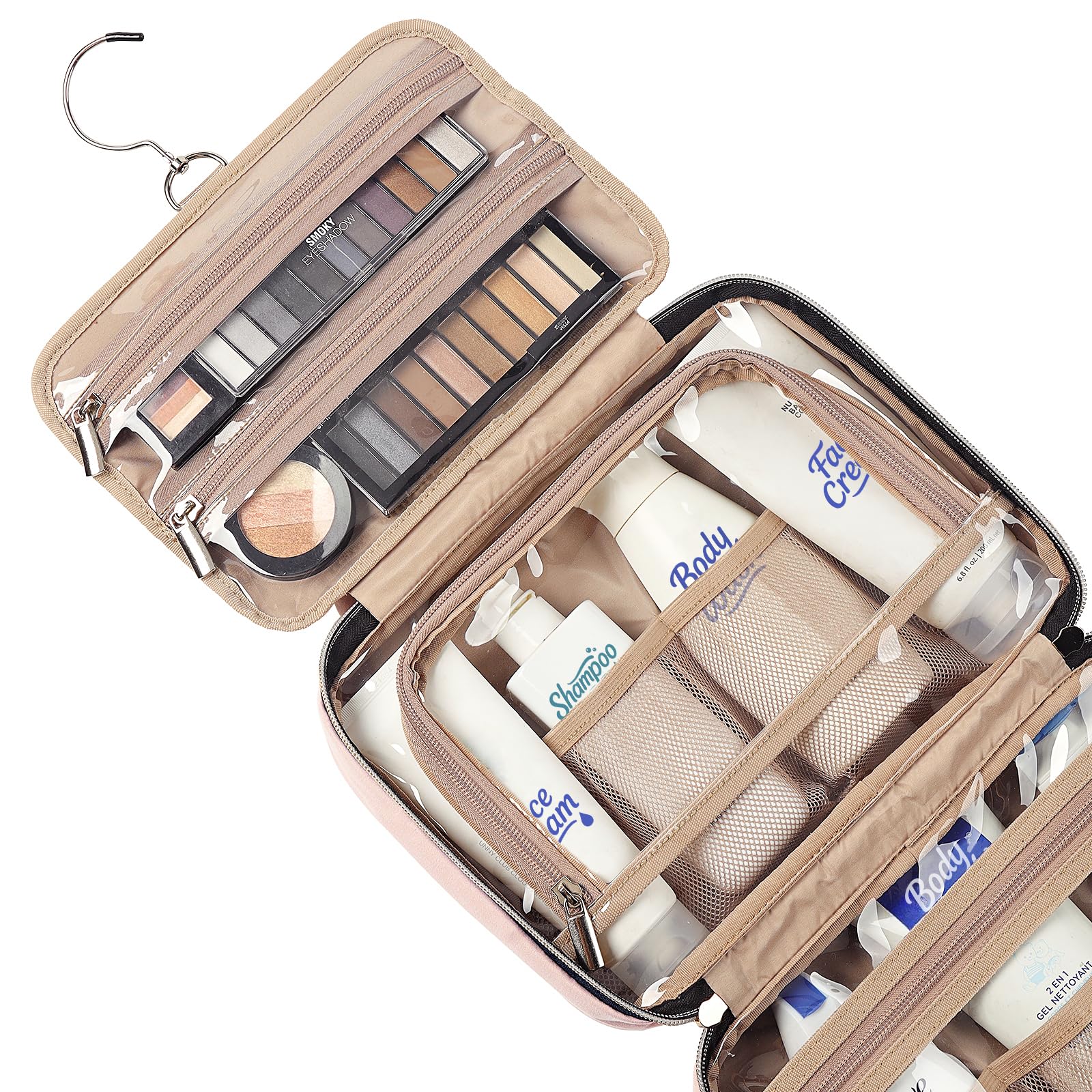 NISHEL travel toiletry bag elastic pockets maximize storage for brushes, bottles, and essentials.
