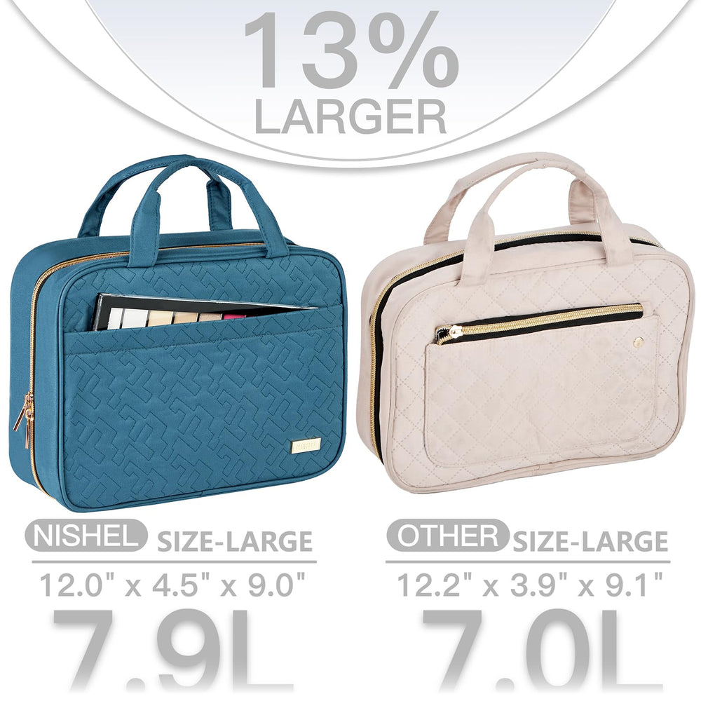 NISHEL four-compartment interior keeps cosmetics organized during travel.