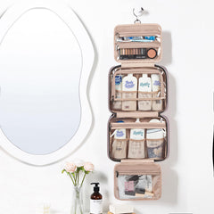 NISHEL four-compartment organizer keeps cosmetics neatly separated during travel.