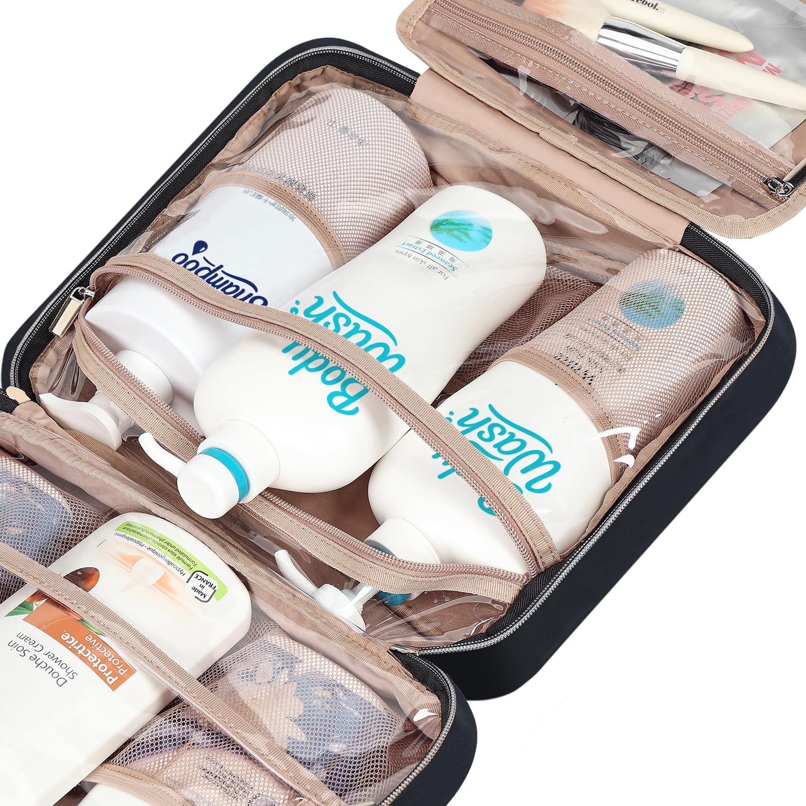 NISHEL travel toiletry bag front pocket offers quick-access storage for essentials.