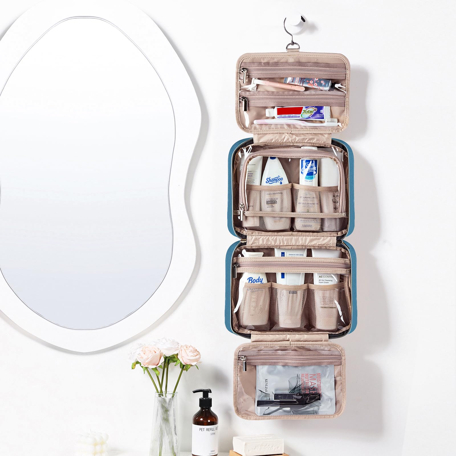 NISHEL bag shows full-size shampoo and conditioner storage.
