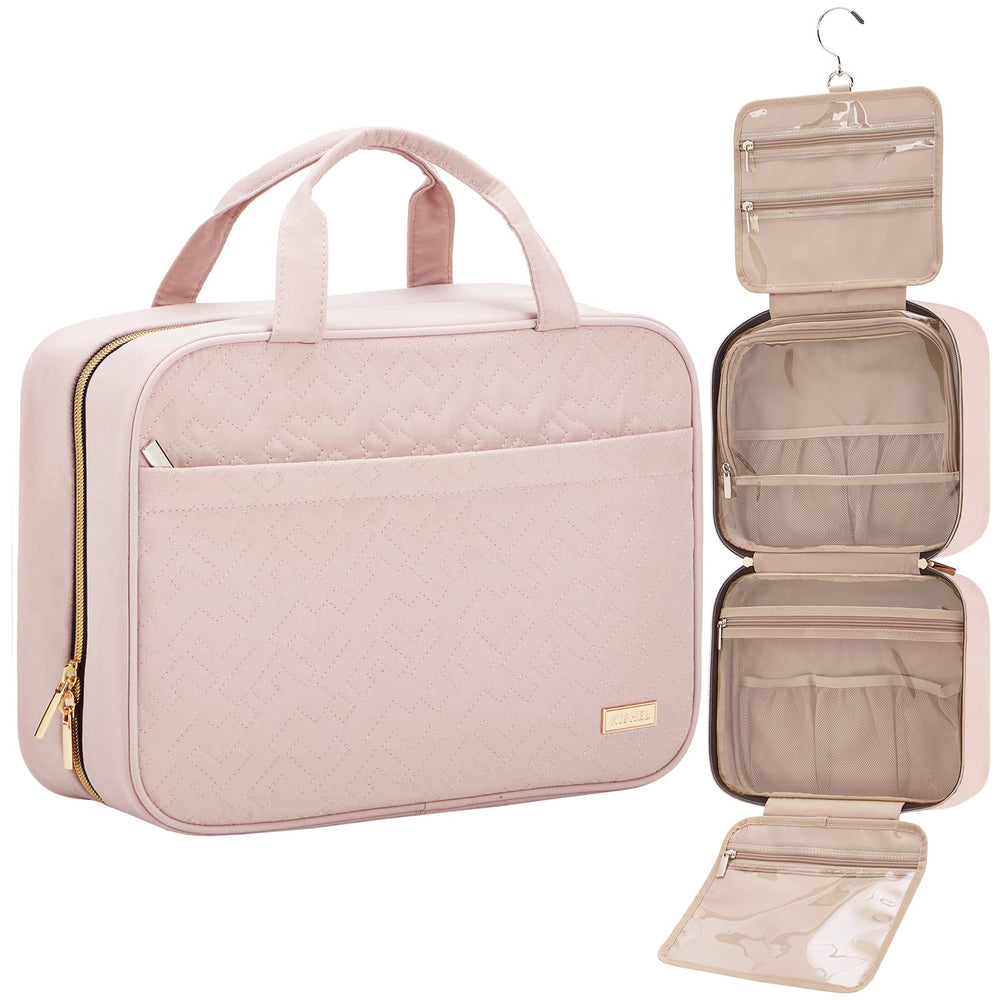 NISHEL travel toiletry bag hanging pink display showing easy access on the go