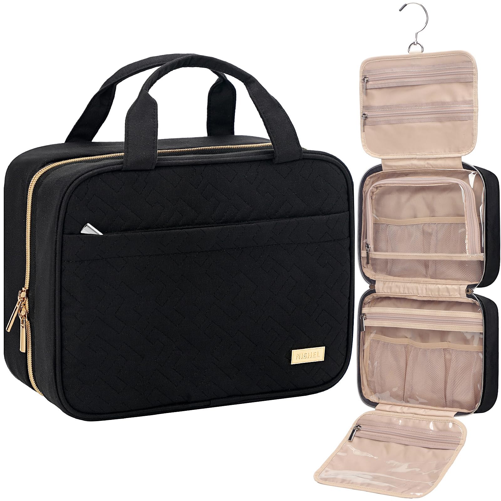NISHEL travel toiletry bag hanging setup for easy reach while traveling.