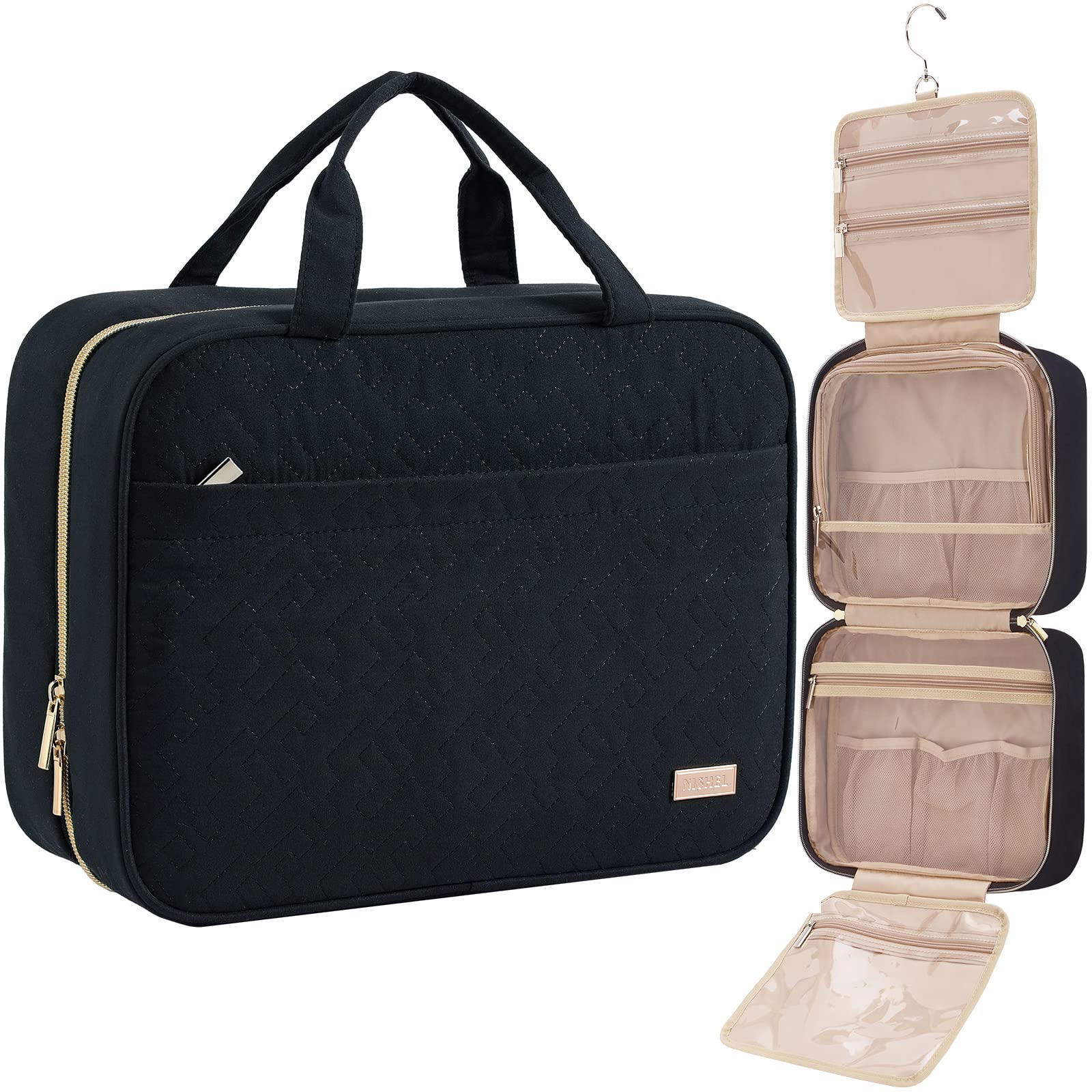 NISHEL travel toiletry bag shown hanging for convenient bathroom access