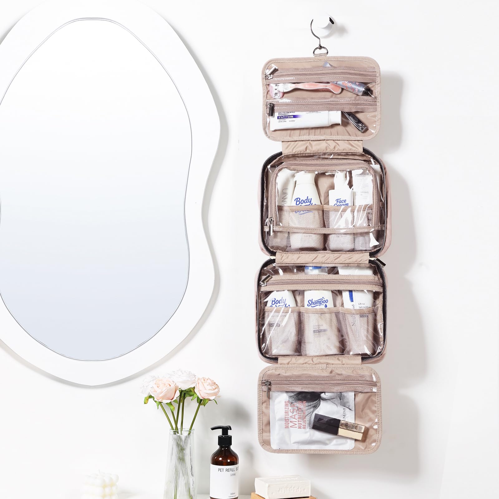 NISHEL travel toiletry bag interior compartments show organized cosmetics and toiletries at a glance.