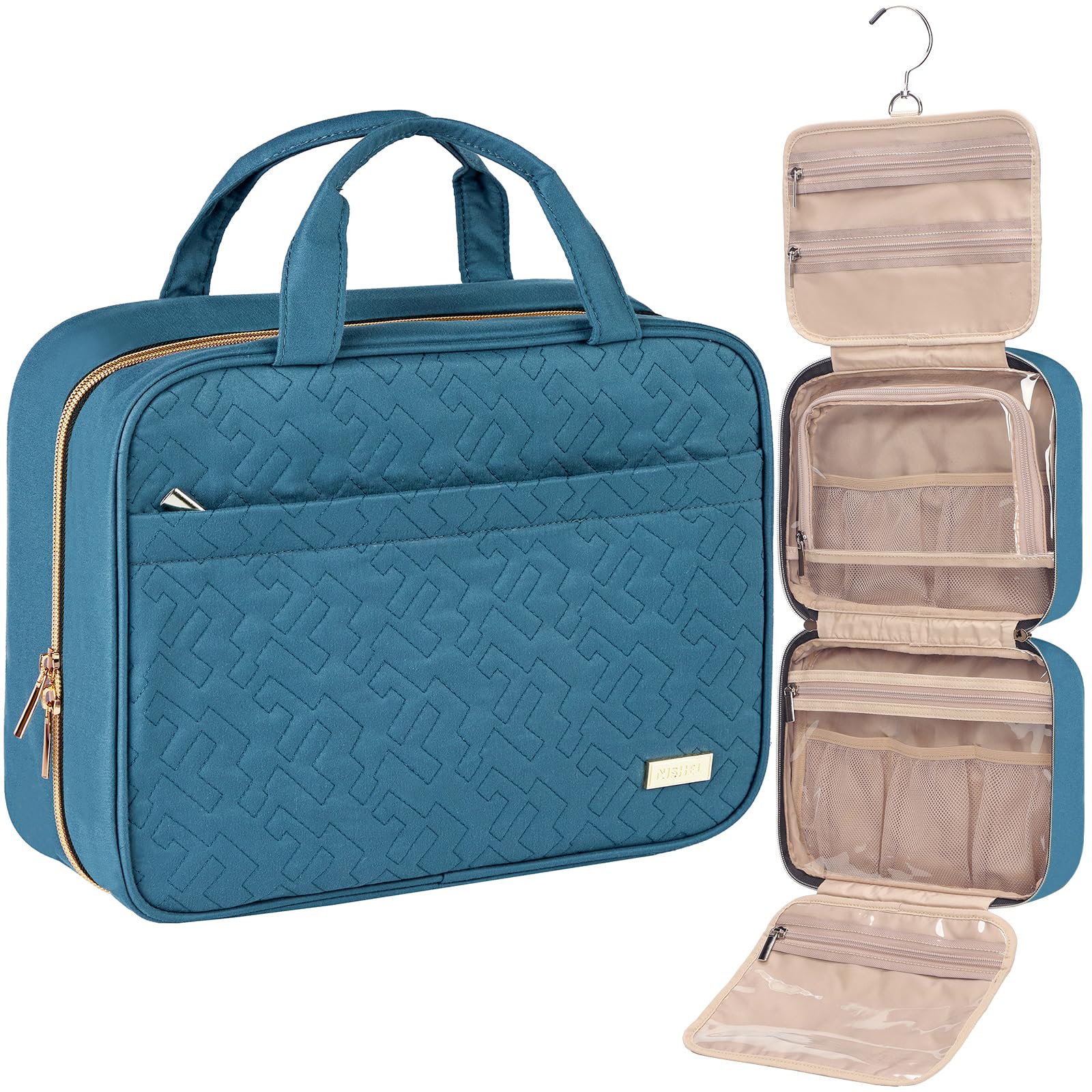 NISHEL lake-blue travel toiletry bag hanging for easy access.
