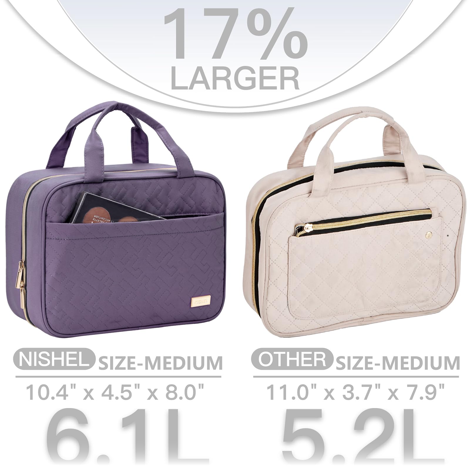 NISHEL purple toiletry bag interior with four compartments for cosmetics and skincare.
