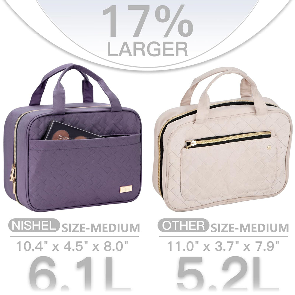 NISHEL purple toiletry bag interior with four compartments for cosmetics and skincare.