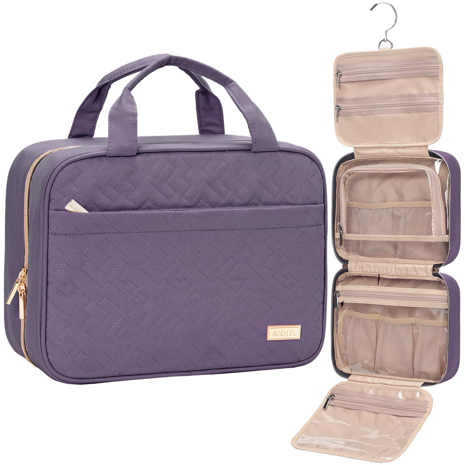 NISHEL travel toiletry bag in purple, open layout reveals four organized compartments.