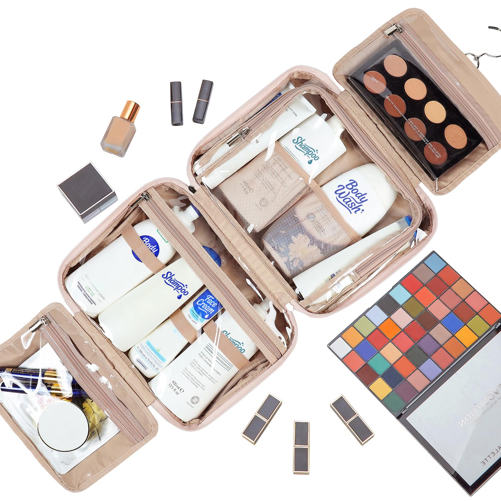 NISHEL bag spacious capacity holds full-size shampoos and skincare