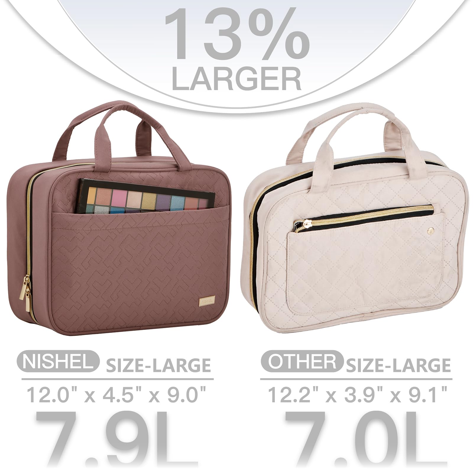 NISHEL bag open compartments show organized space for cosmetics and skincare.