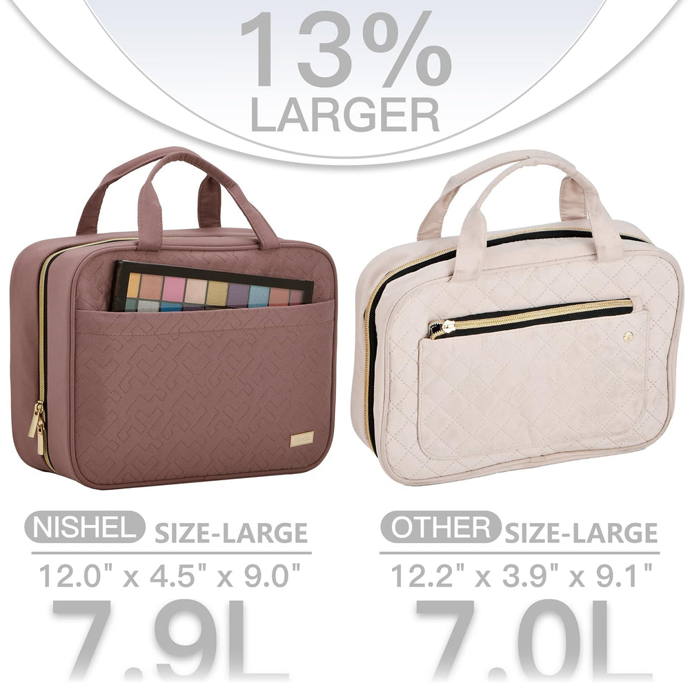 NISHEL bag open compartments show organized space for cosmetics and skincare.