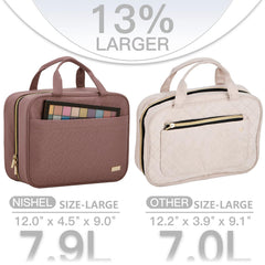 NISHEL bag open compartments show organized space for cosmetics and skincare.