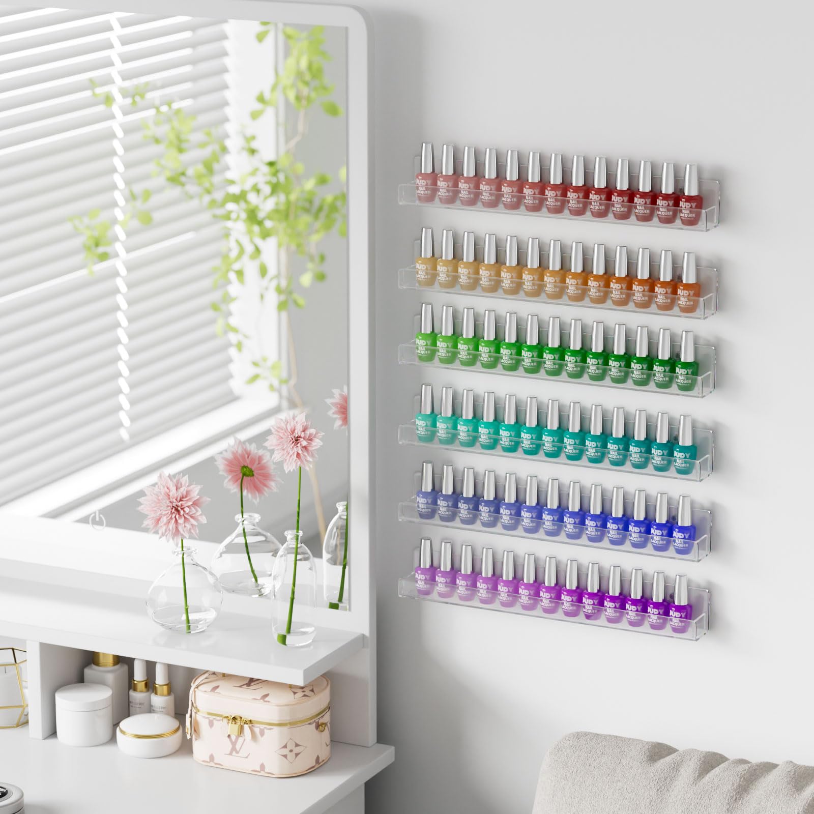 Nail polish organizer holds up to 90 bottles for streamlined storage.