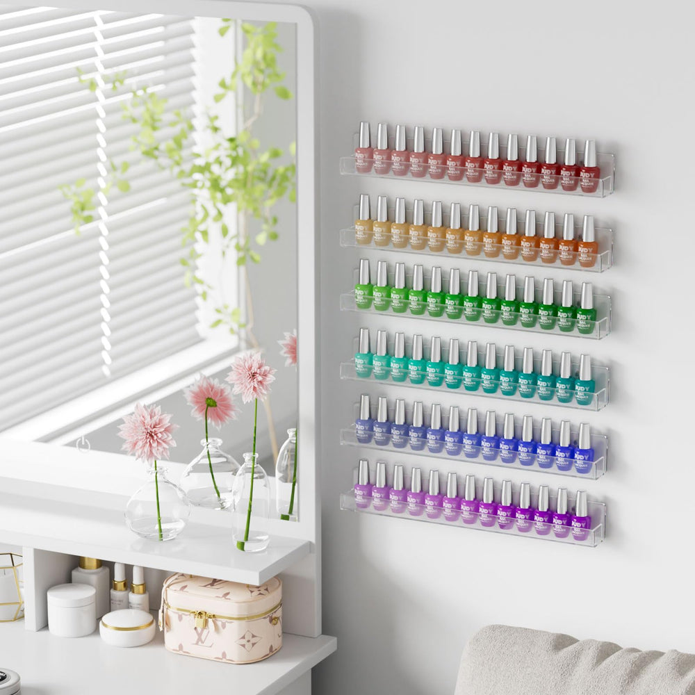 Nail polish organizer holds up to 90 bottles for streamlined storage.