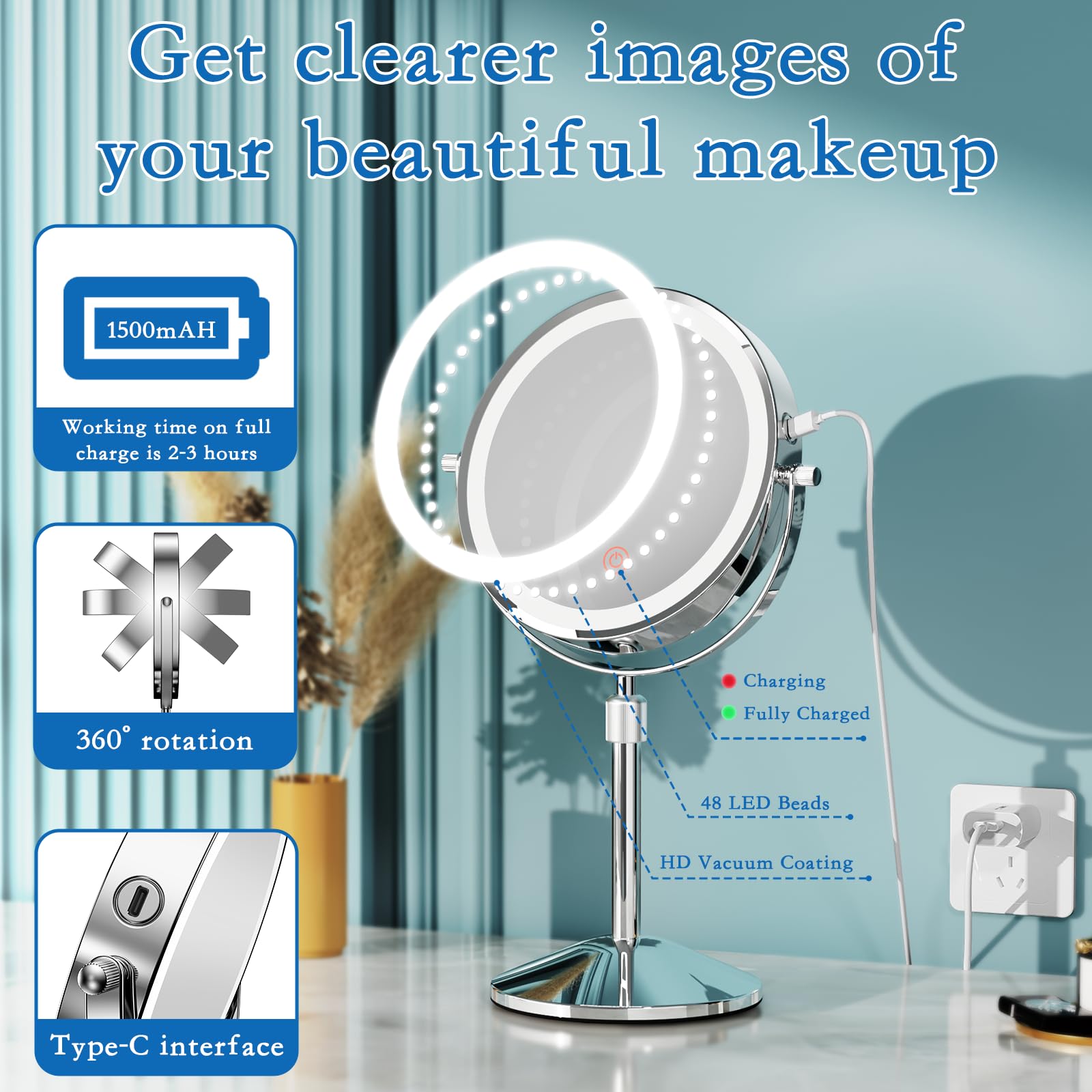 Niuphia vanity mirror height-adjustable with a stable non-slip base.