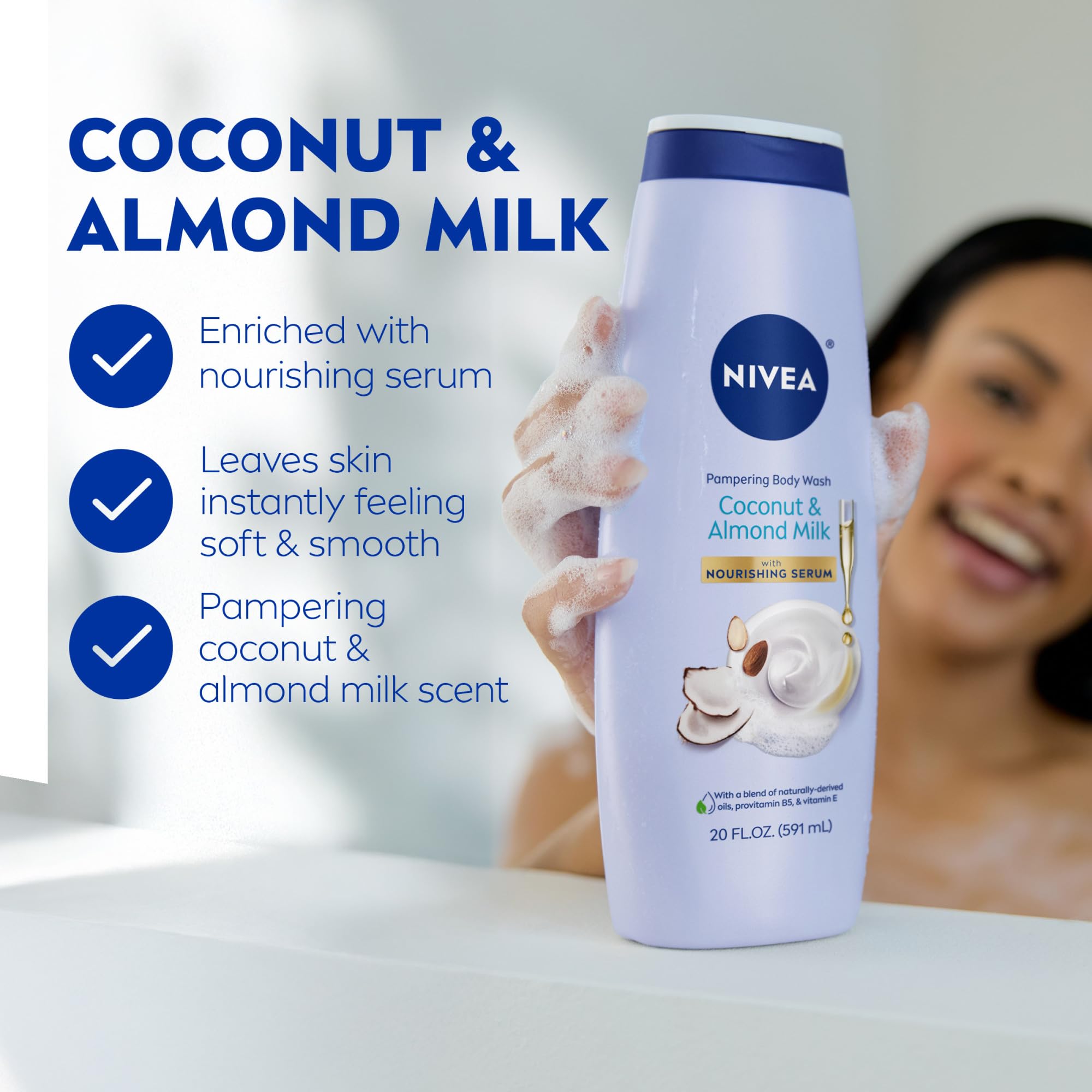 NIVEA aroma tropical coco-cremoso almendra en botella, experiencia sensorial suave.