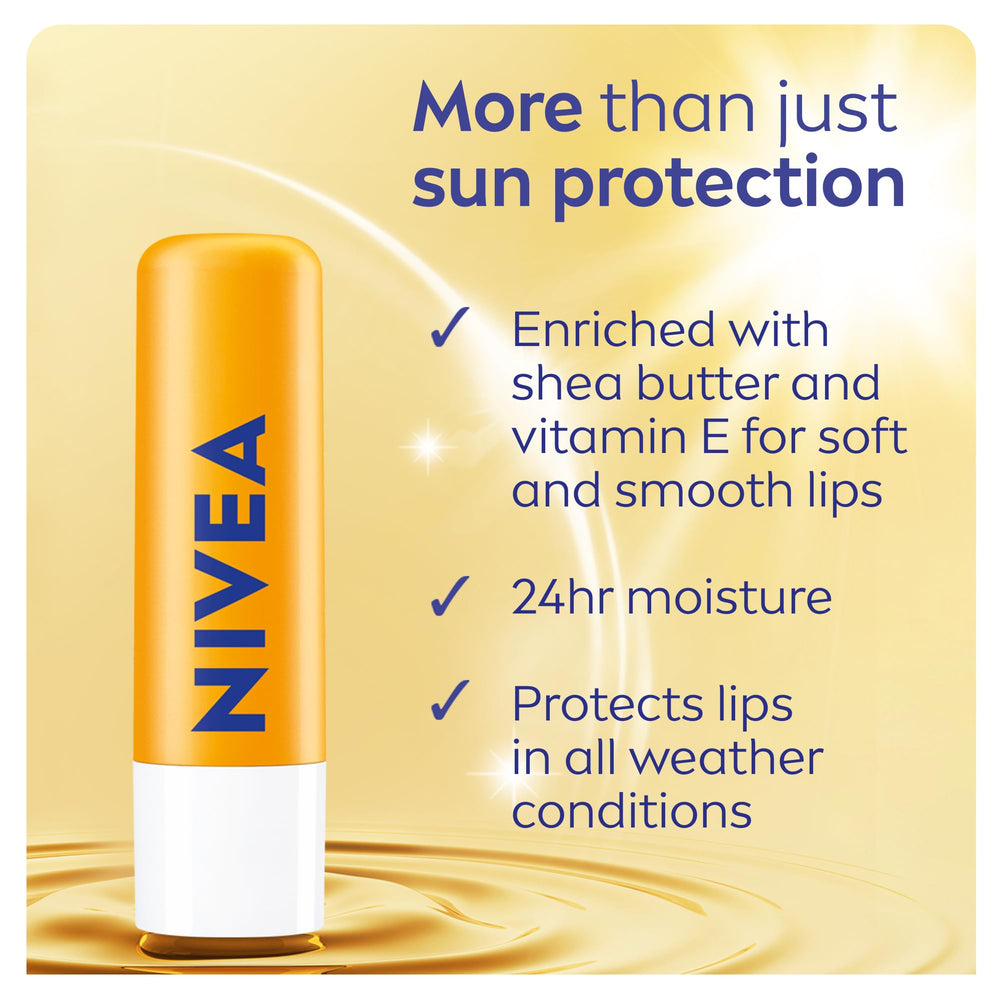 NIVEA bálsamo labial SPF30, aplicación suave para labios secos.