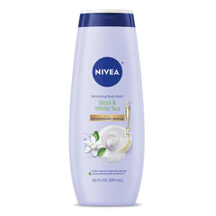 NIVEA Basil White Tea Body Wash bottle front shows a refreshing scent and moisturizing formula.