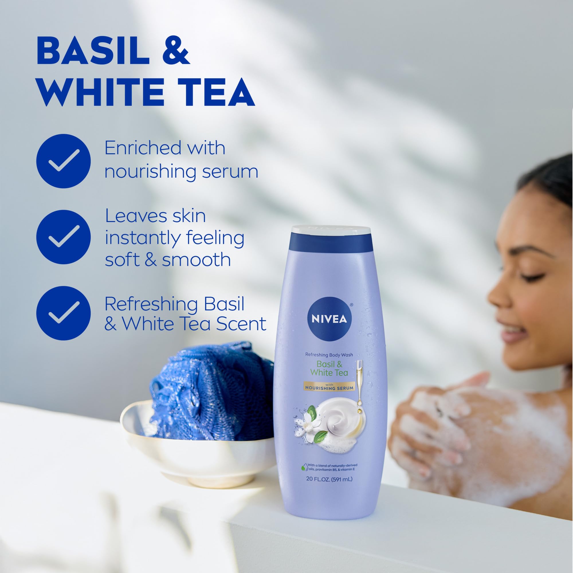 NIVEA Basil White Tea Body Wash foamy lather highlights gentle cleansing.