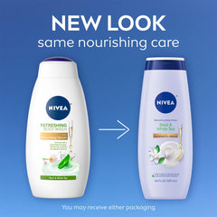 NIVEA Basil White Tea Body Wash nourishing serum drop suggests extra moisture.