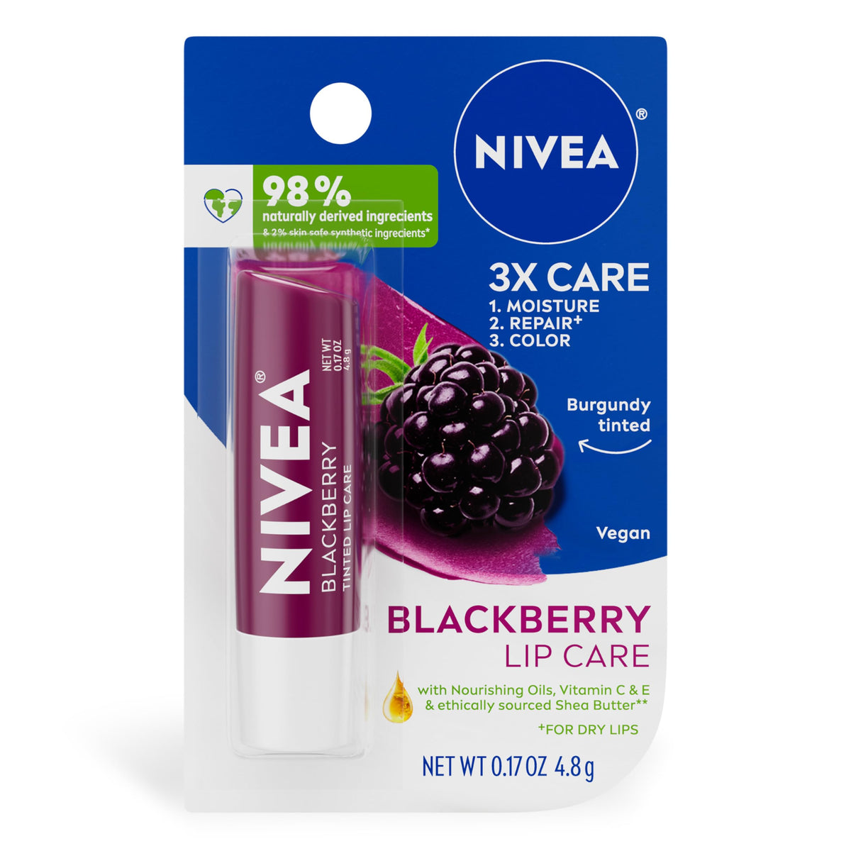 NIVEA Blackberry Lip Care packaging, compact and convenient for on-the-go moisturization.
