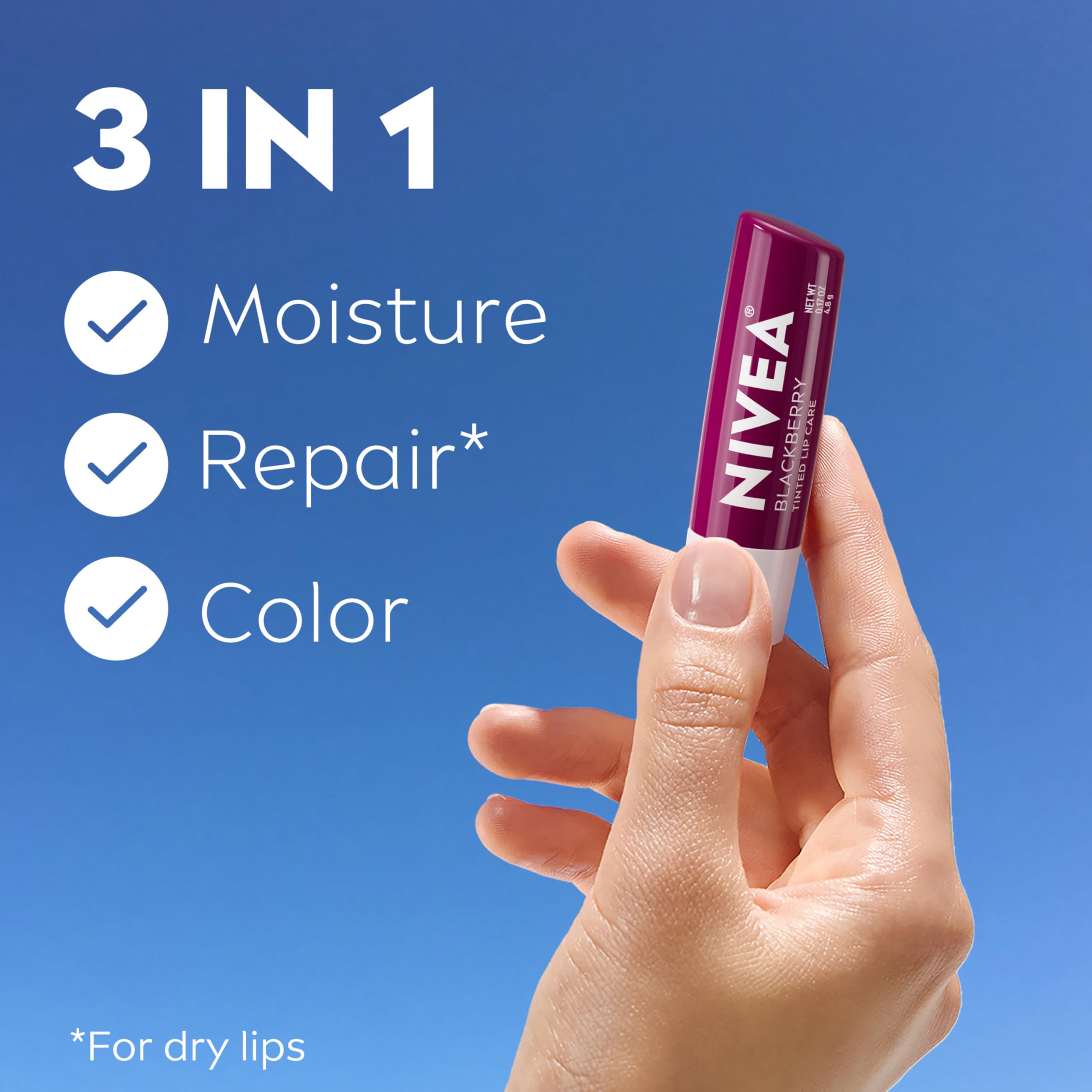 NIVEA Blackberry Lip Care twist-up stick ready for quick lip color and hydration.