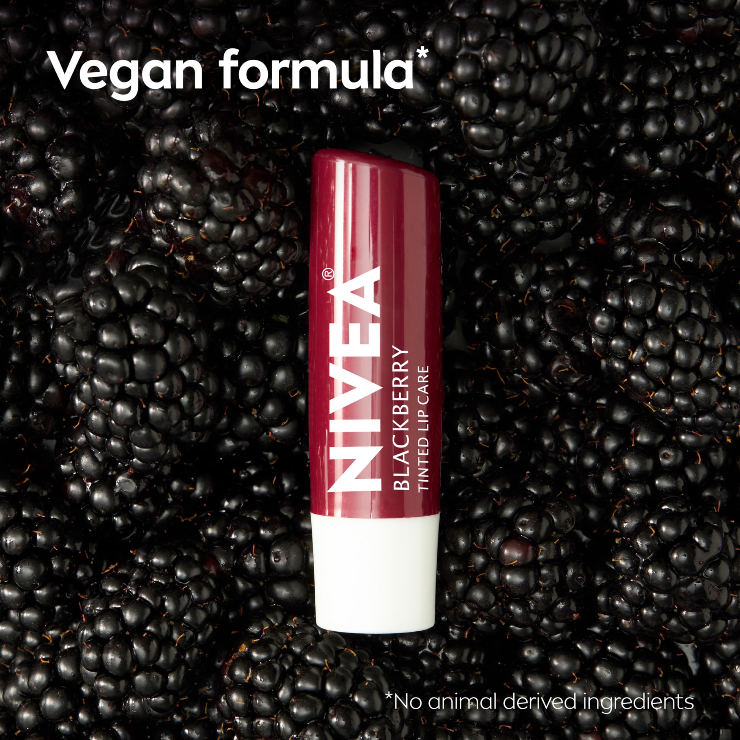 NIVEA Blackberry Lip Care vegan formula badge communicates cruelty-free appeal.