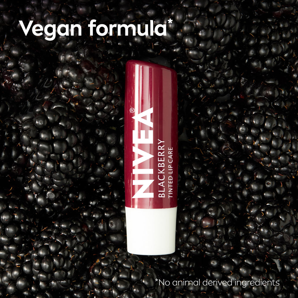 NIVEA Blackberry Lip Care vegan formula badge communicates cruelty-free appeal.