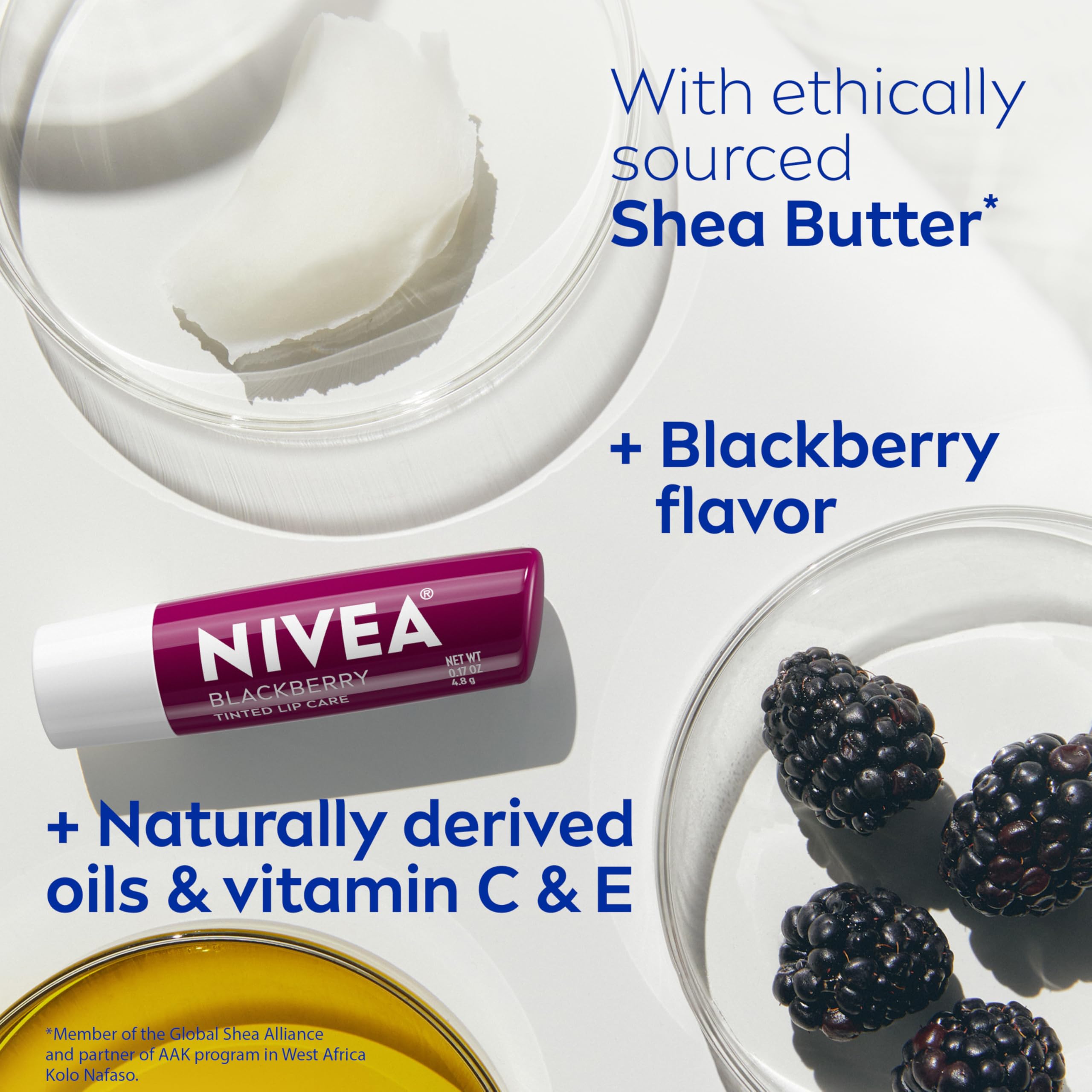NIVEA Blackberry Lip Care vitamin C and E icon highlights protection.
