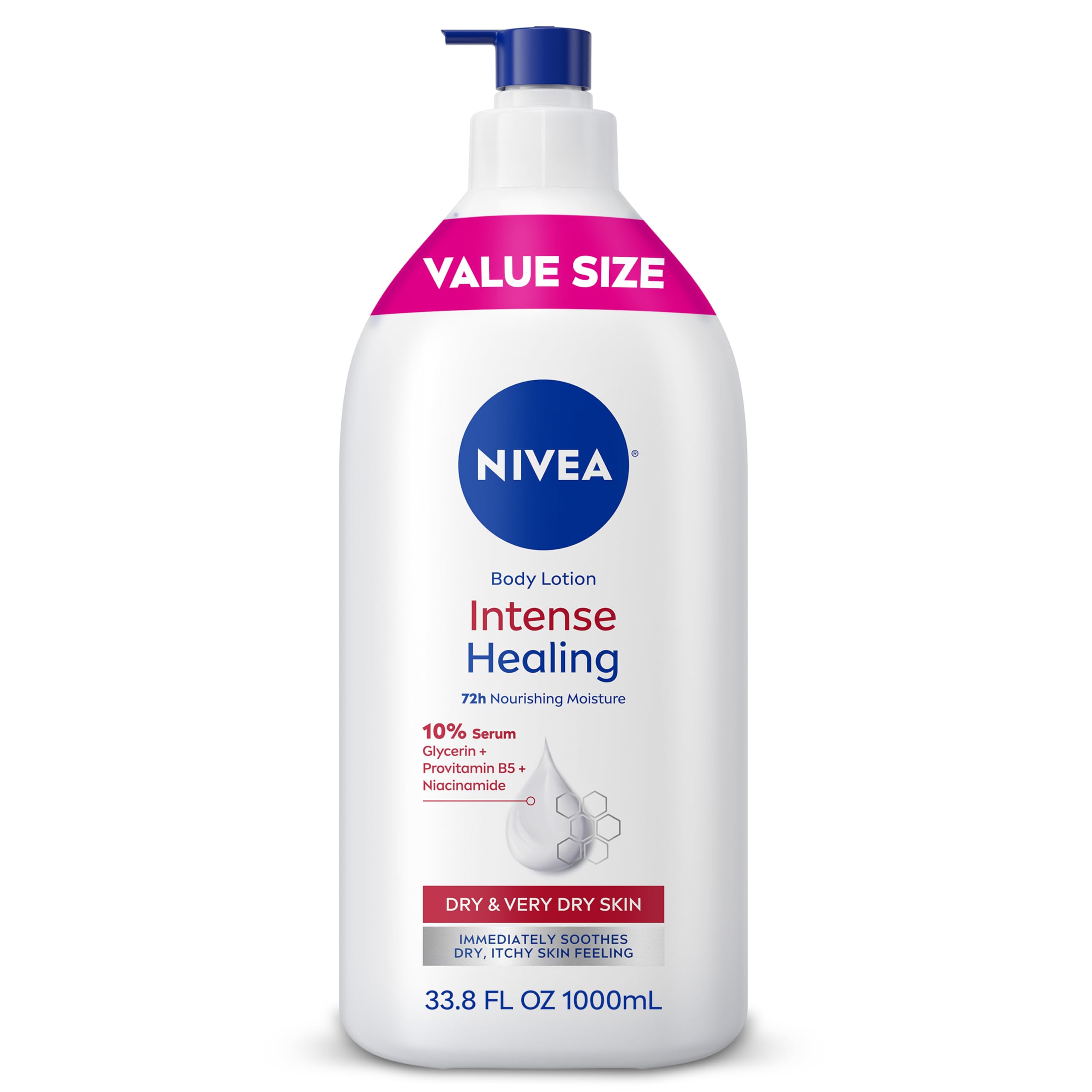 NIVEA Intense Healing, botella de crema corporal, alivio para piel seca.