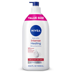 NIVEA Intense Healing, botella de crema corporal, alivio para piel seca.