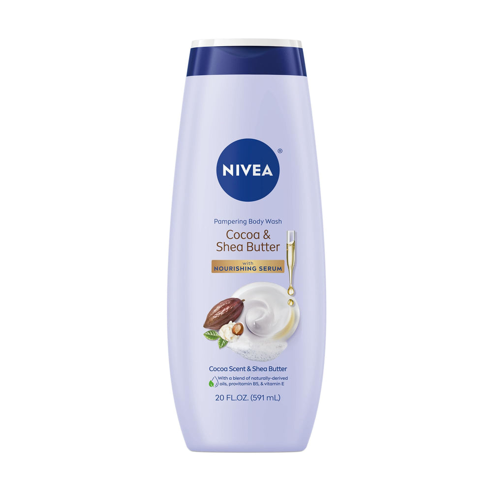 NIVEA gel-de-ducha en botella con cacao y manteca para hidratar la piel.