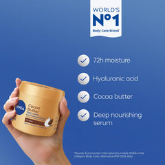 NIVEA crema corporal con serum nutritivo y manteca de cacao para piel seca.