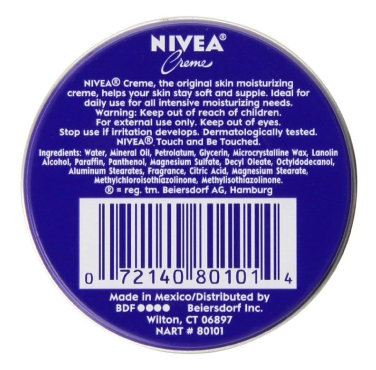 NIVEA Creme 1 oz tin close-up lid highlights classic texture.