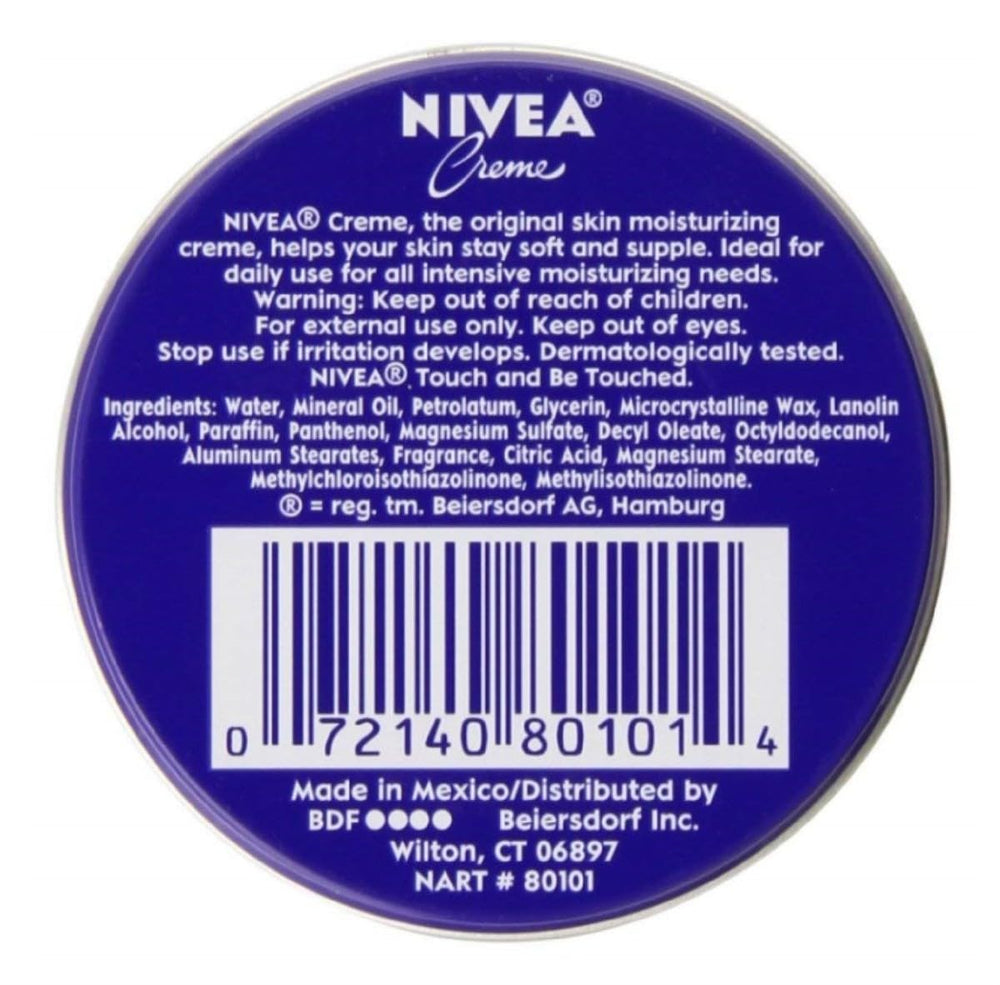 NIVEA Creme 1 oz tin close-up lid highlights classic texture.