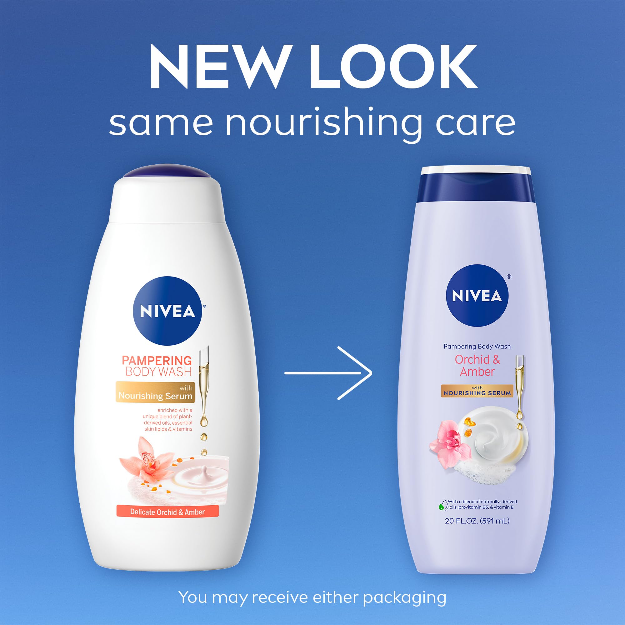Pouring NIVEA Delicate Orchid and Amber body wash to create a rich lather.