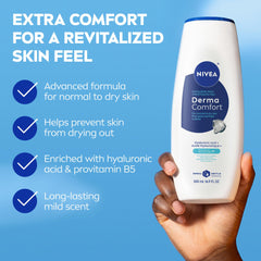 NIVEA Derma Comfort textura cremosa del gel que suaviza la piel tras el baño.